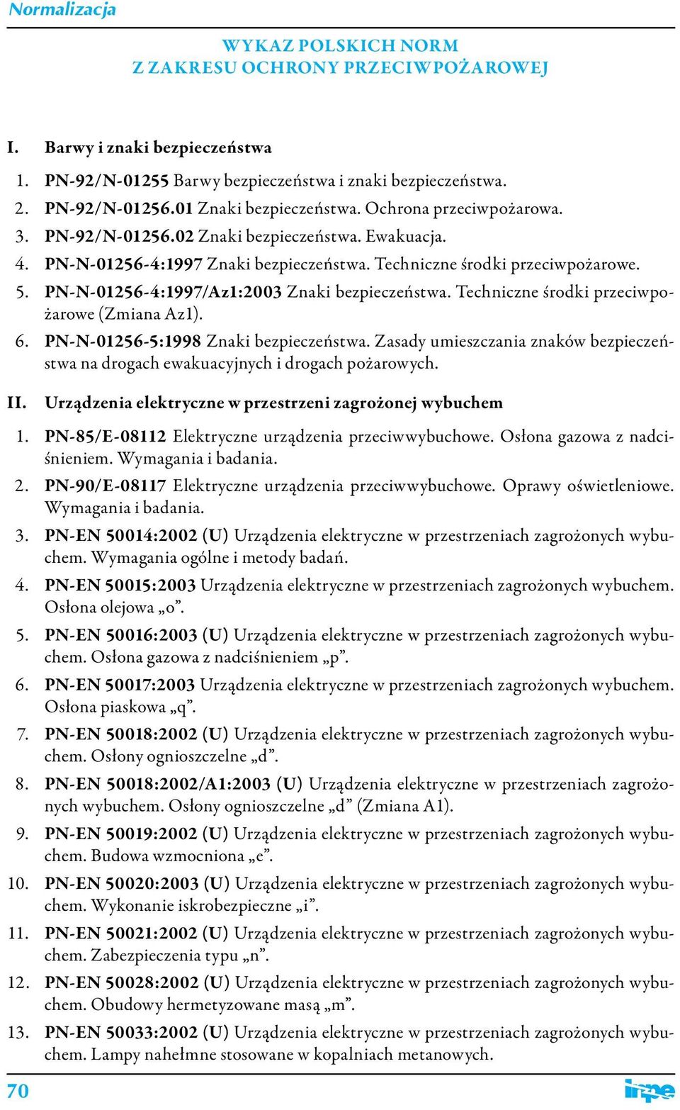 PN-N-01256-4:1997/Az1:2003 Znaki bezpieczeństwa. Techniczne środki przeciwpożarowe (Zmiana Az1). 6. PN-N-01256-5:1998 Znaki bezpieczeństwa.