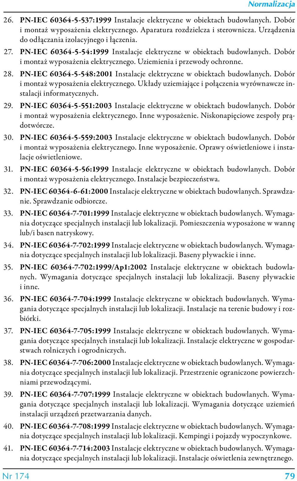 28. PN-IEC 60364-5-548:2001 Instalacje elektryczne w obiektach budowlanych. Dobór i montaż wyposażenia elektrycznego. Układy uziemiające i połączenia wyrównawcze instalacji informatycznych. 29.