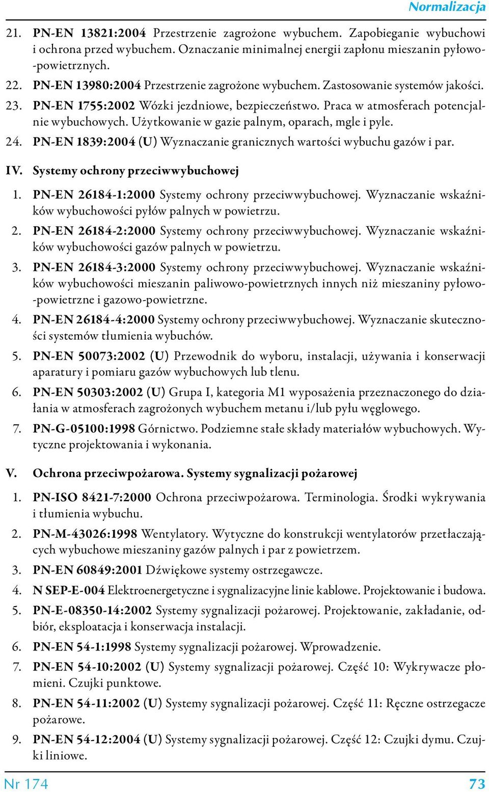 Użytkowanie w gazie palnym, oparach, mgle i pyle. 24. PN-EN 1839:2004 (U) Wyznaczanie granicznych wartości wybuchu gazów i par. IV. Systemy ochrony przeciwwybuchowej 1.