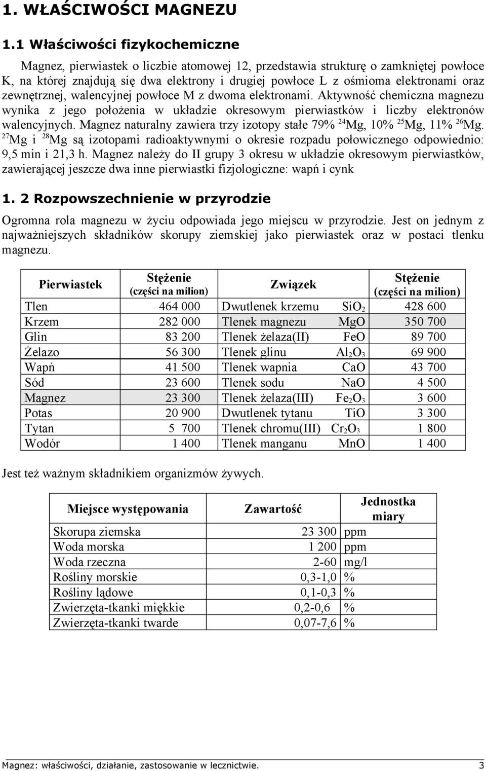 oraz zewnętrznej, walencyjnej powłoce M z dwoma elektronami. Aktywność chemiczna magnezu wynika z jego położenia w układzie okresowym pierwiastków i liczby elektronów walencyjnych.