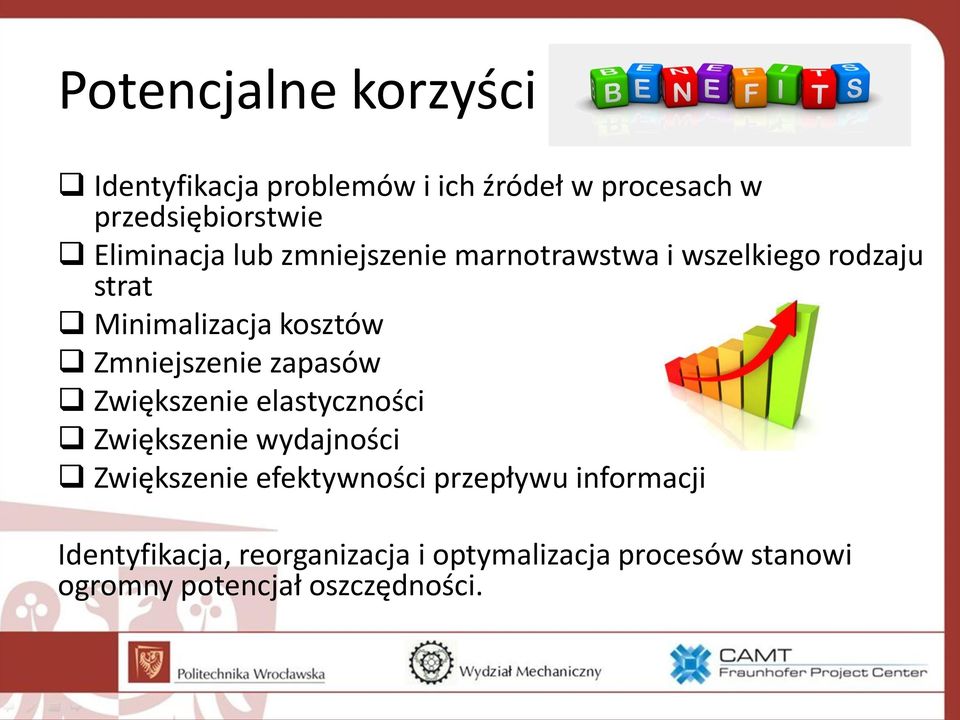 Zmniejszenie zapasów Zwiększenie elastyczności Zwiększenie wydajności Zwiększenie efektywności