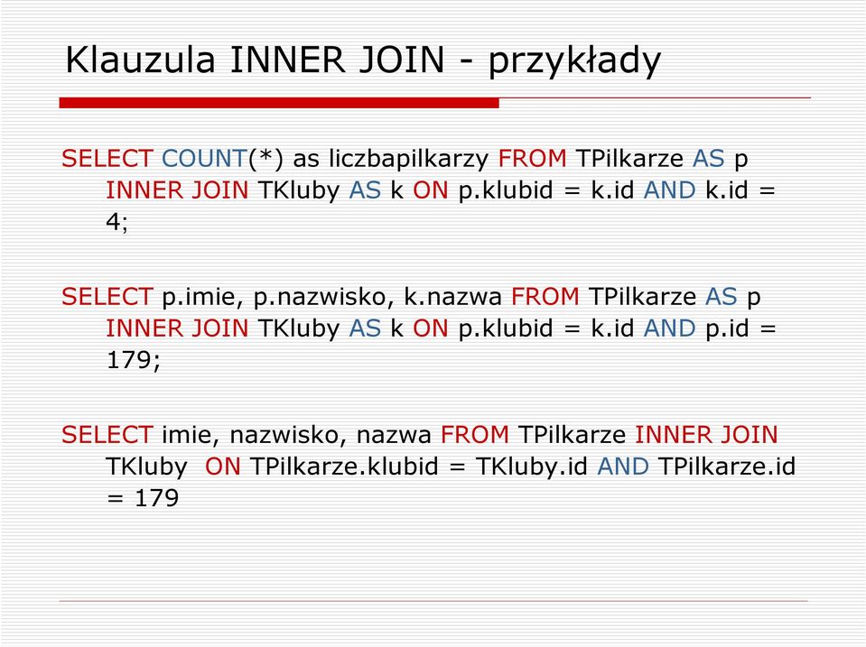 nazwa FROM TPilkarze AS p INNER JOINTKluby ASkONp.klubid = k.id ANDp.