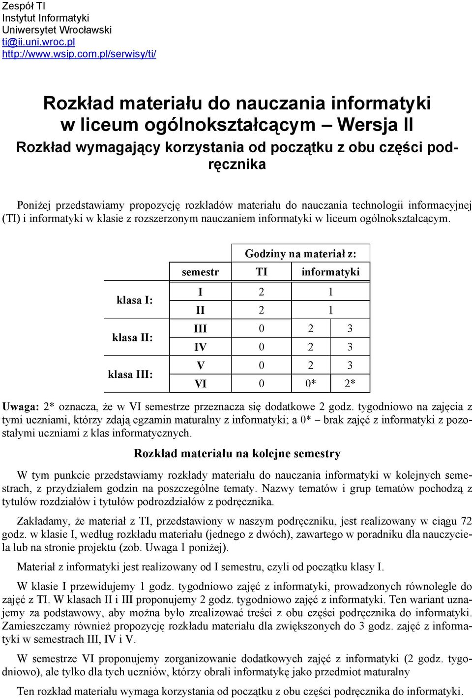 rozkładów materiału do nauczania technologii informacyjnej (TI) i informatyki w klasie z rozszerzonym nauczaniem informatyki w liceum ogólnokształcącym.