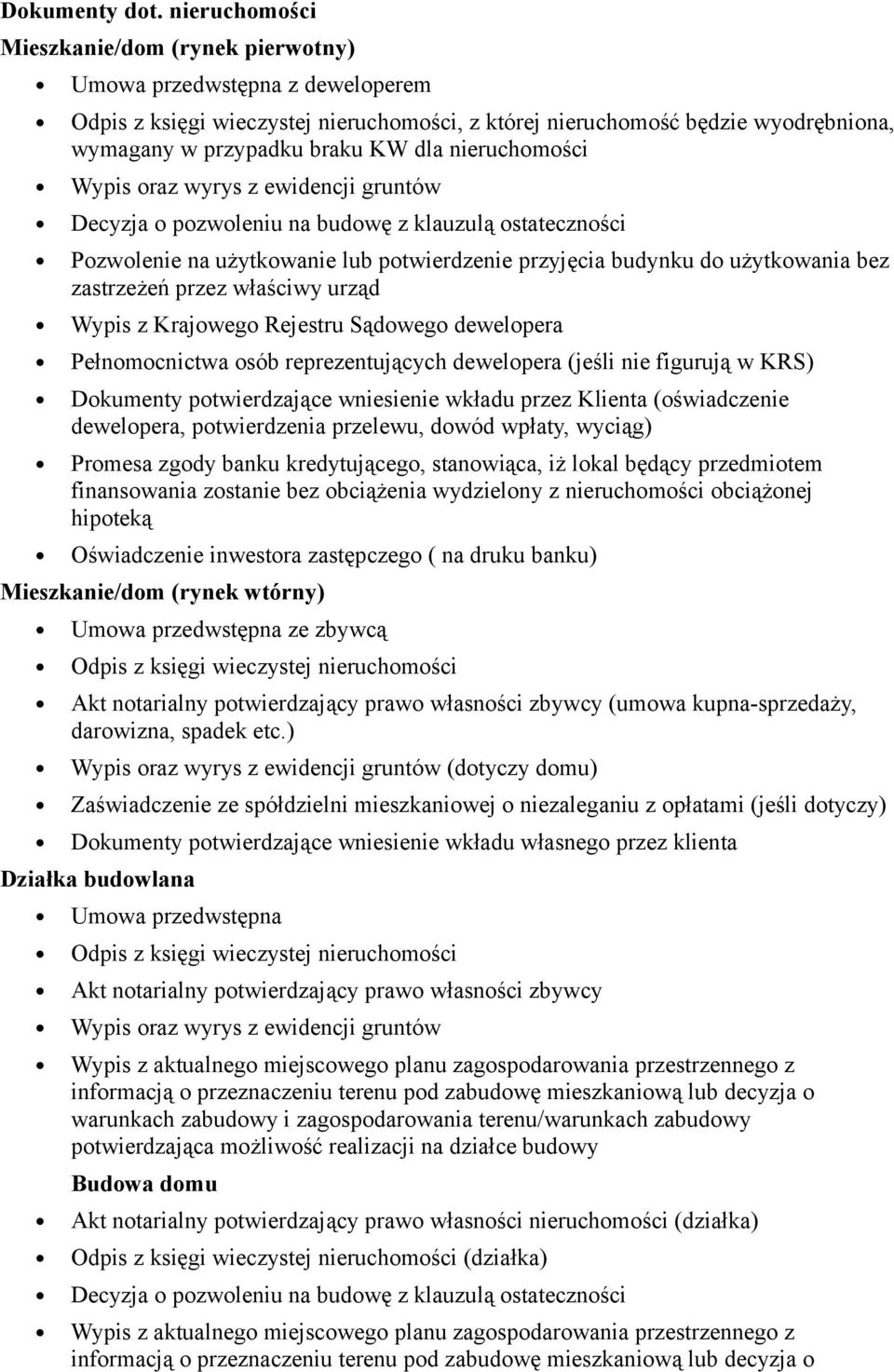 nieruchomości Wypis oraz wyrys z ewidencji gruntów Decyzja o pozwoleniu na budowę z klauzulą ostateczności Pozwolenie na użytkowanie lub potwierdzenie przyjęcia budynku do użytkowania bez zastrzeżeń