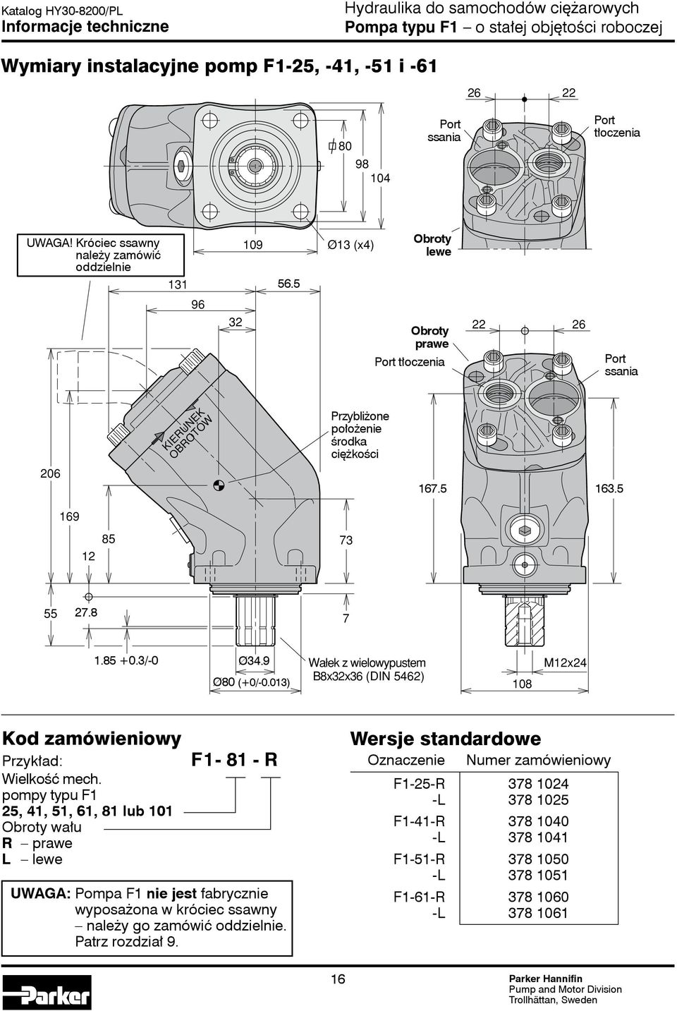 013) Wałek z wielowypustem B8x32x36 (DIN 5462) 108 M12x24 Kod zamówieniowy Przykład: Wielkość mech.