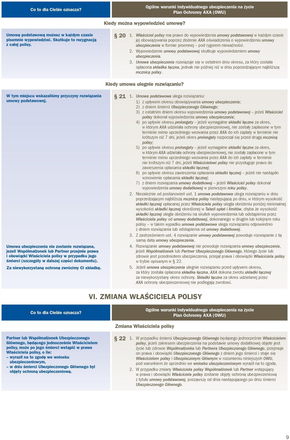 Właściciel polisy ma prawo do wypowiedzenia umowy podstawowej w każdym czasie jej obowiązywania poprzez złożenie AXA oświadczenia o wypowiedzeniu umowy ubezpieczenia w formie pisemnej pod rygorem