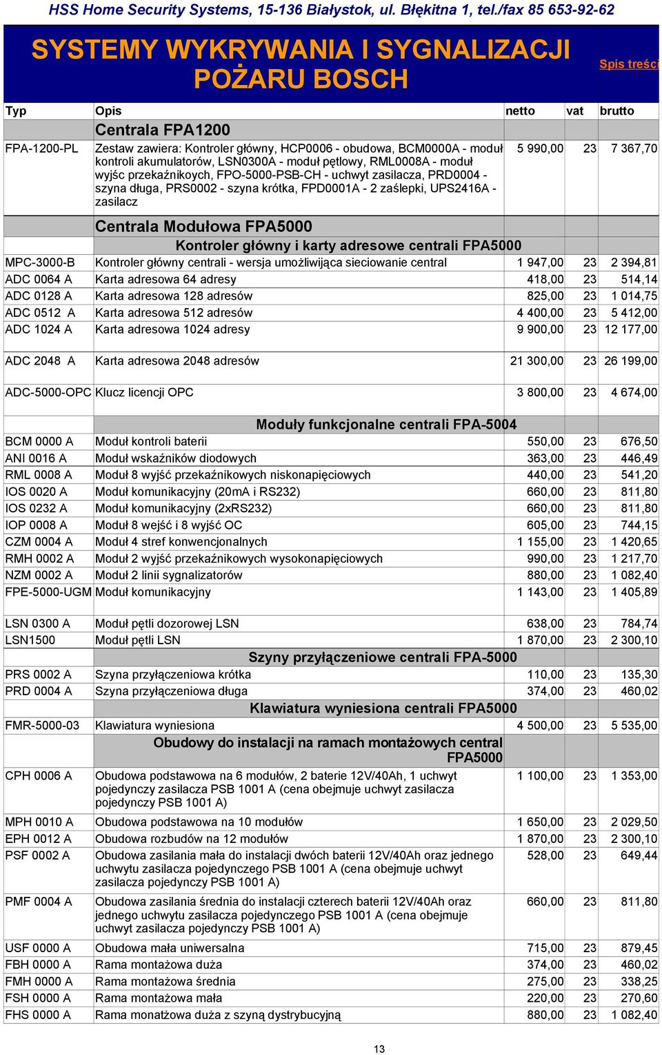 23 7 367,70 kontroli akumulatorów, LSN0300A - moduł pętlowy, RML0008A - moduł wyjśc przekaźnikoych, FPO-5000-PSB-CH - uchwyt zasilacza, PRD0004 - szyna długa, PRS0002 - szyna krótka, FPD0001A - 2