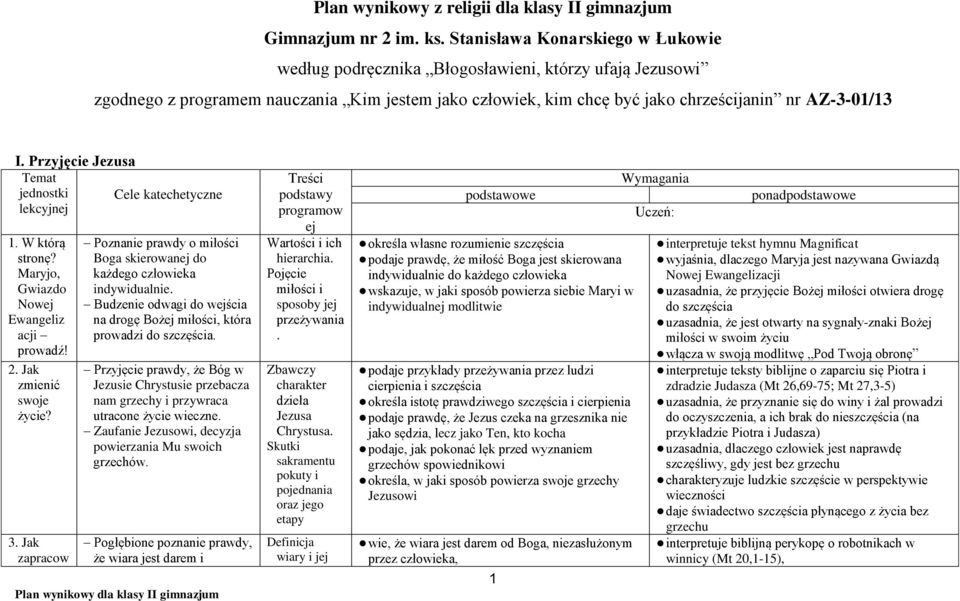 Przyjęcie Temat jednostki Cele katechetyczne lekcyjnej 1. W którą stronę? Maryjo, Gwiazdo Nowej Ewangeliz acji prowadź! 2. Jak zmienić swoje życie? 3.