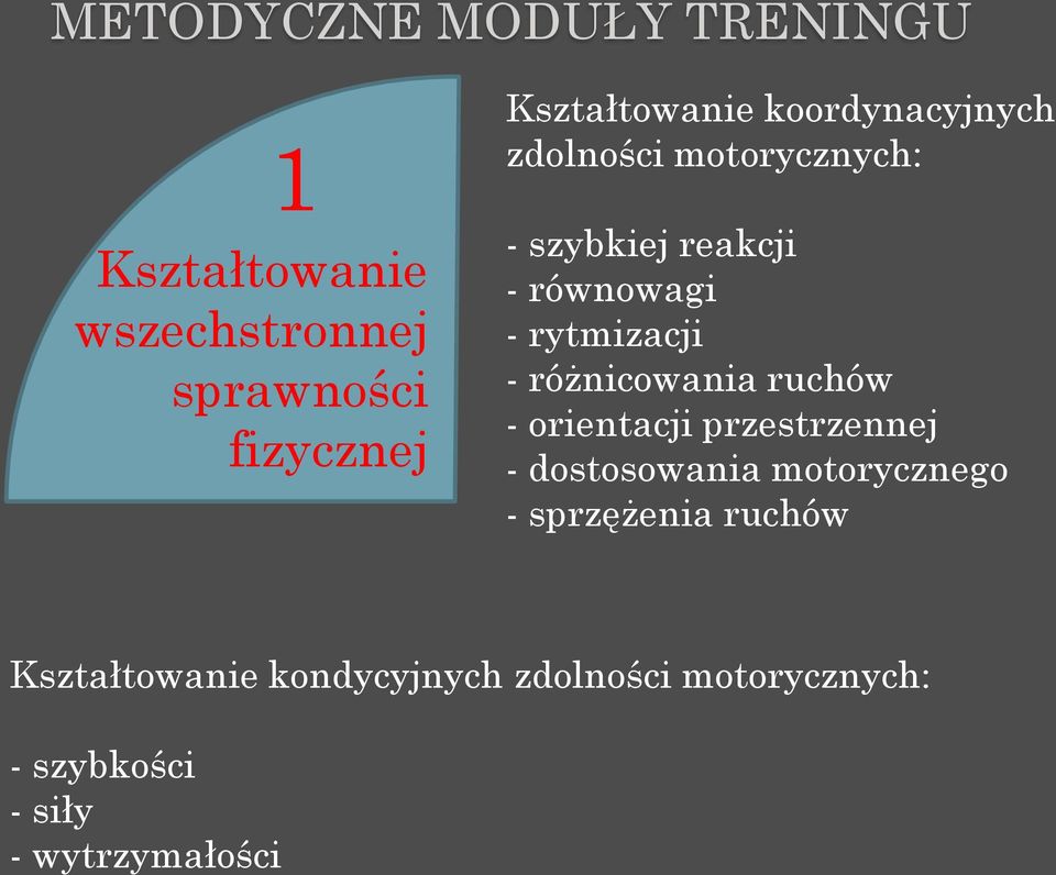 rytmizacji - różnicowania ruchów - orientacji przestrzennej - dostosowania motorycznego -