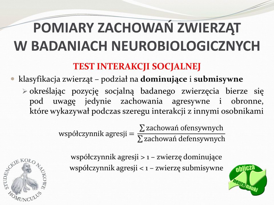 wykazywał podczas szeregu interakcji z innymi osobnikami współczynnik agresji = zachowań ofensywnych