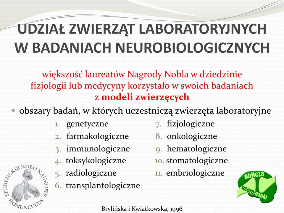 laboratoryjne 1. genetyczne 7. fizjologiczne 2. farmakologiczne 8. onkologiczne 3. immunologiczne 9.