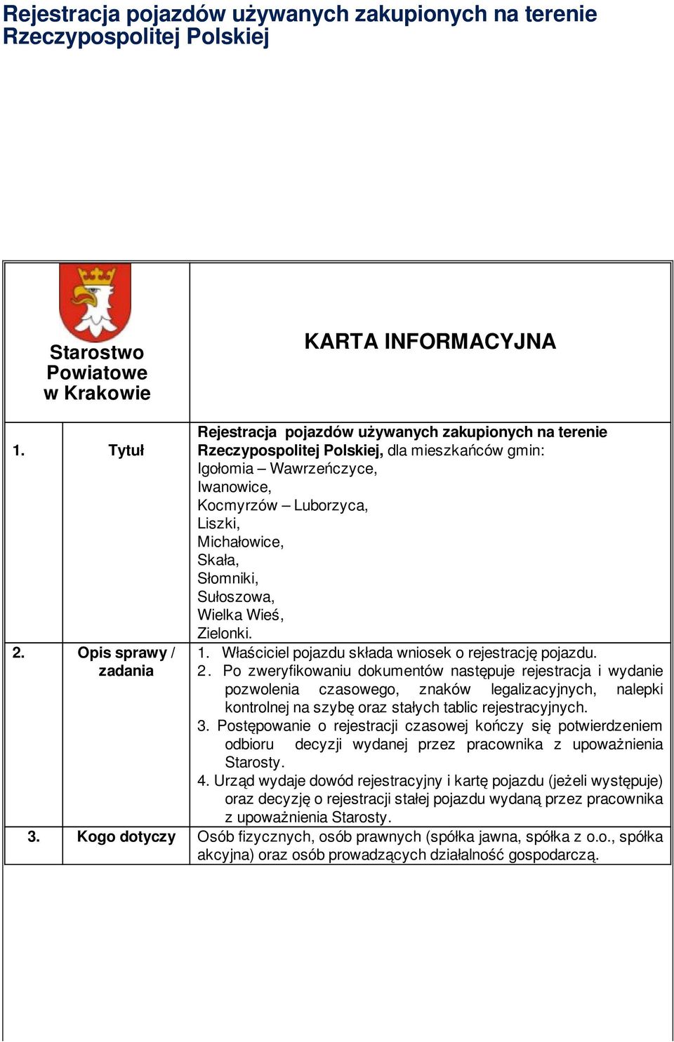 Michałowice, Skała, Słomniki, Sułoszowa, Wielka Wieś, Zielonki. 1. Właściciel pojazdu składa wniosek o rejestrację pojazdu. 2.