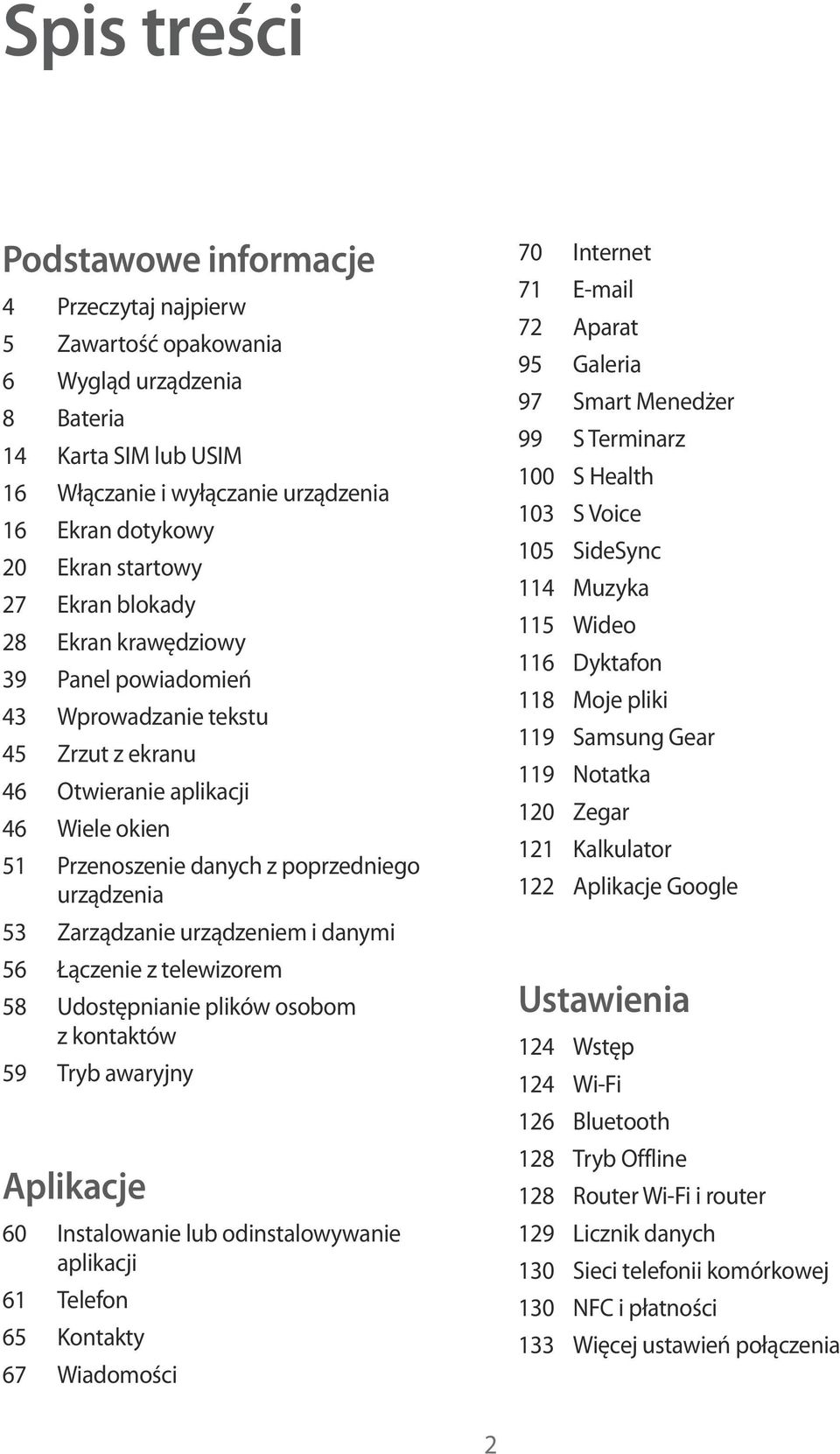 Zarządzanie urządzeniem i danymi 56 Łączenie z telewizorem 58 Udostępnianie plików osobom z kontaktów 59 Tryb awaryjny Aplikacje 60 Instalowanie lub odinstalowywanie aplikacji 61 Telefon 65 Kontakty