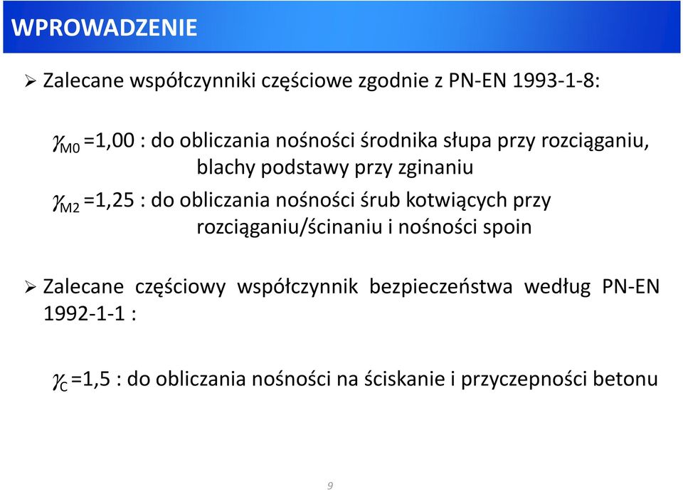 nośności śrub kotwiących przy rozciąganiu/ścinaniu i nośności spoin Zalecane częściowy współczynnik