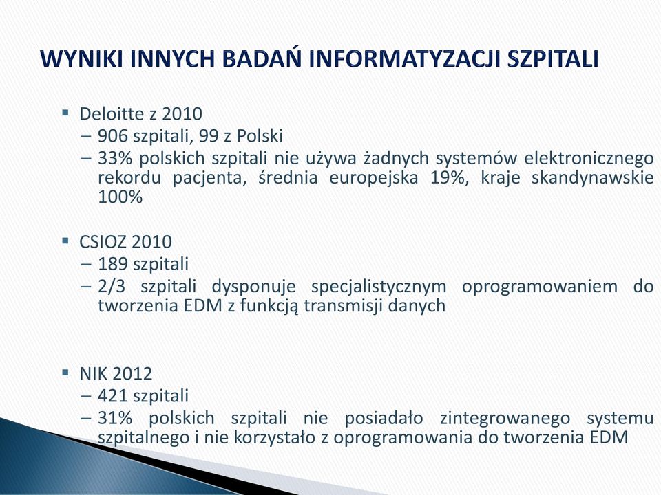 dysponuje specjalistycznym oprogramowaniem do tworzenia EDM z funkcją transmisji danych NIK 2012 421 szpitali