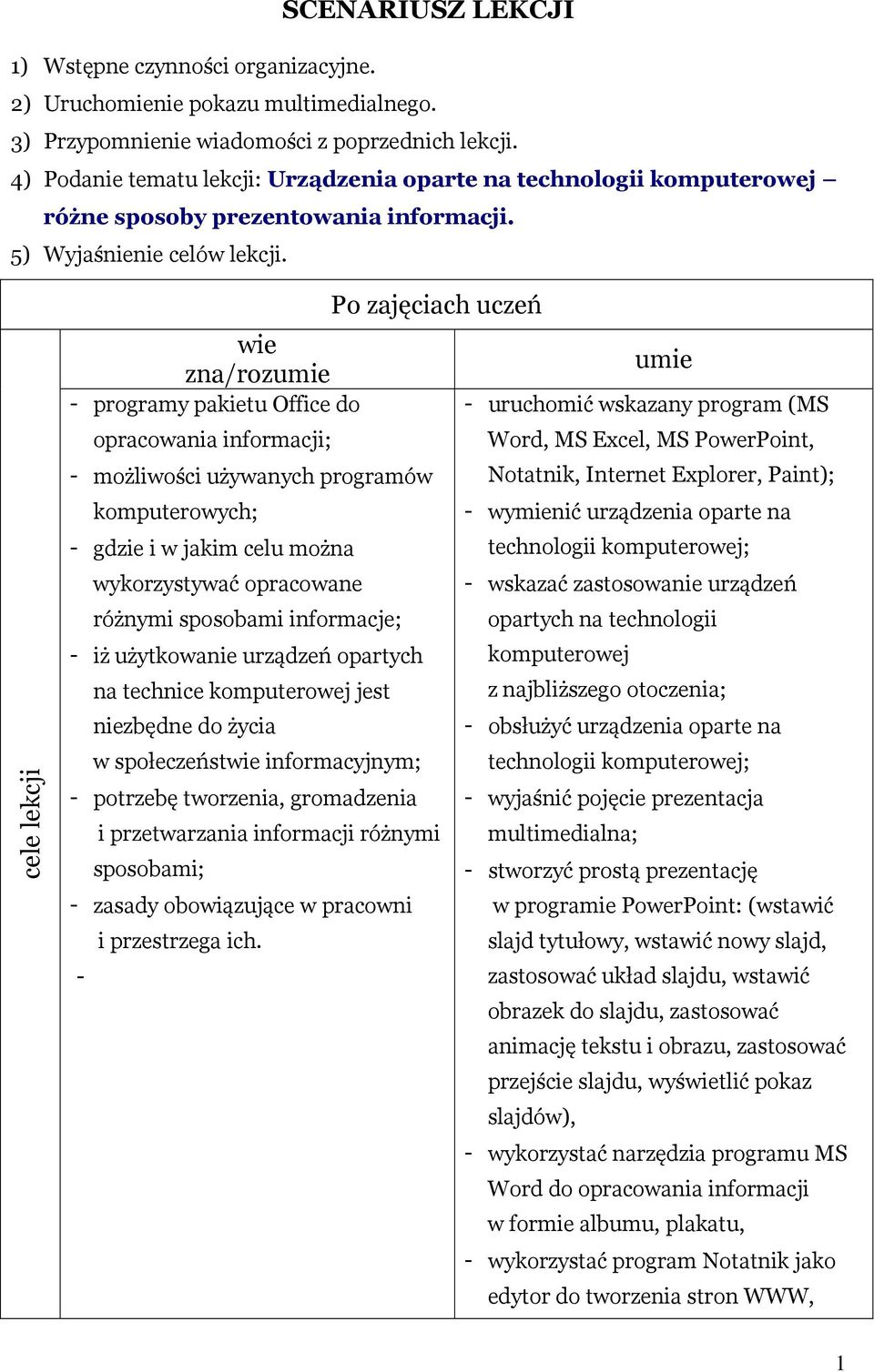 cele lekcji Po zajęciach uczeń wie umie zna/rozumie - programy pakietu Office do - uruchomić wskazany program (MS opracowania informacji; Word, MS Excel, MS PowerPoint, - możliwości używanych