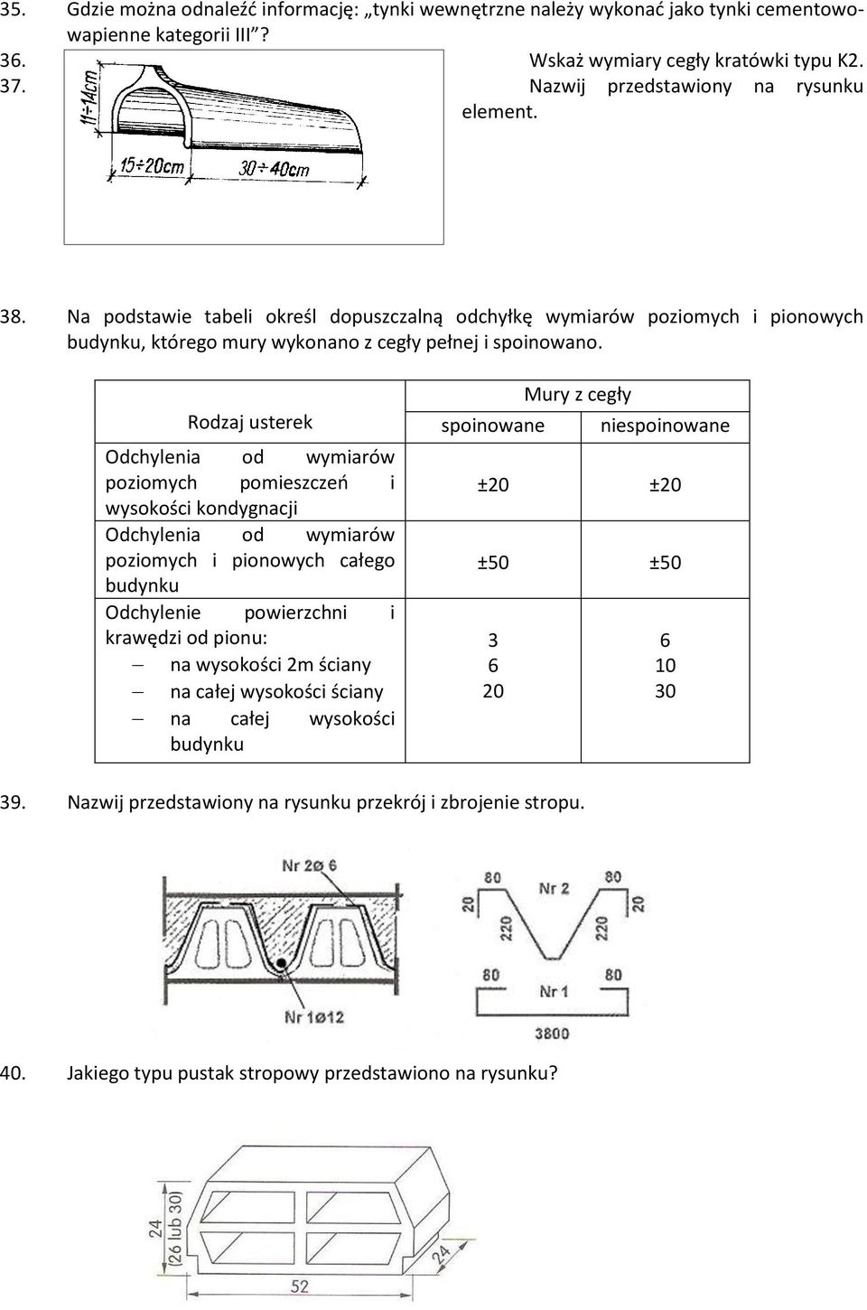 Rodzaj usterek Odchylenia od wymiarów poziomych pomieszczeń i wysokości kondygnacji Odchylenia od wymiarów poziomych i pionowych całego budynku Odchylenie powierzchni i krawędzi od pionu: na