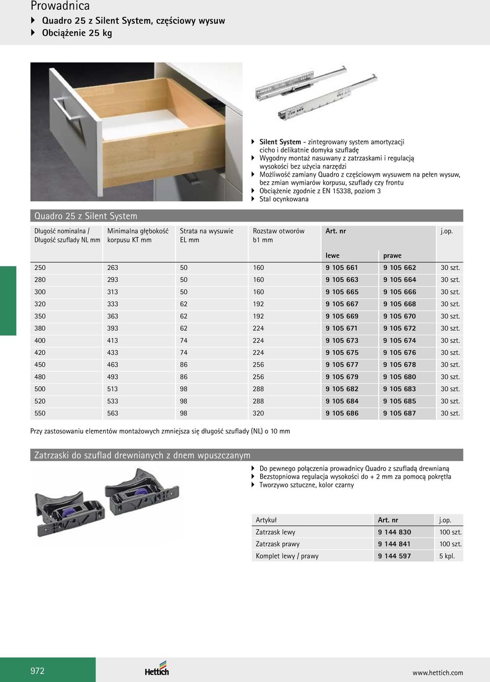 Quadro 25 z Silent System Długość nominalna / Długość szuflady NL mm Minimalna głębokość korpusu KT mm Strata na wysuwie EL mm b1 mm lewe prawe 250 263 50 160 9 5 661 9 5 662 30 szt.