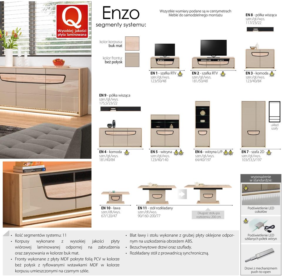 - witryna L/P 1 2 EN 7 - szafa 2D 1 123/40/140 64/40/197 103/53,5/197 wyposażenie w standardzie: 1 EN 10 - ława 67/120/47 EN 11 - stół rozkładany 90/160-200/77 Długość stołu po rozłożeniu: 200 cm 2