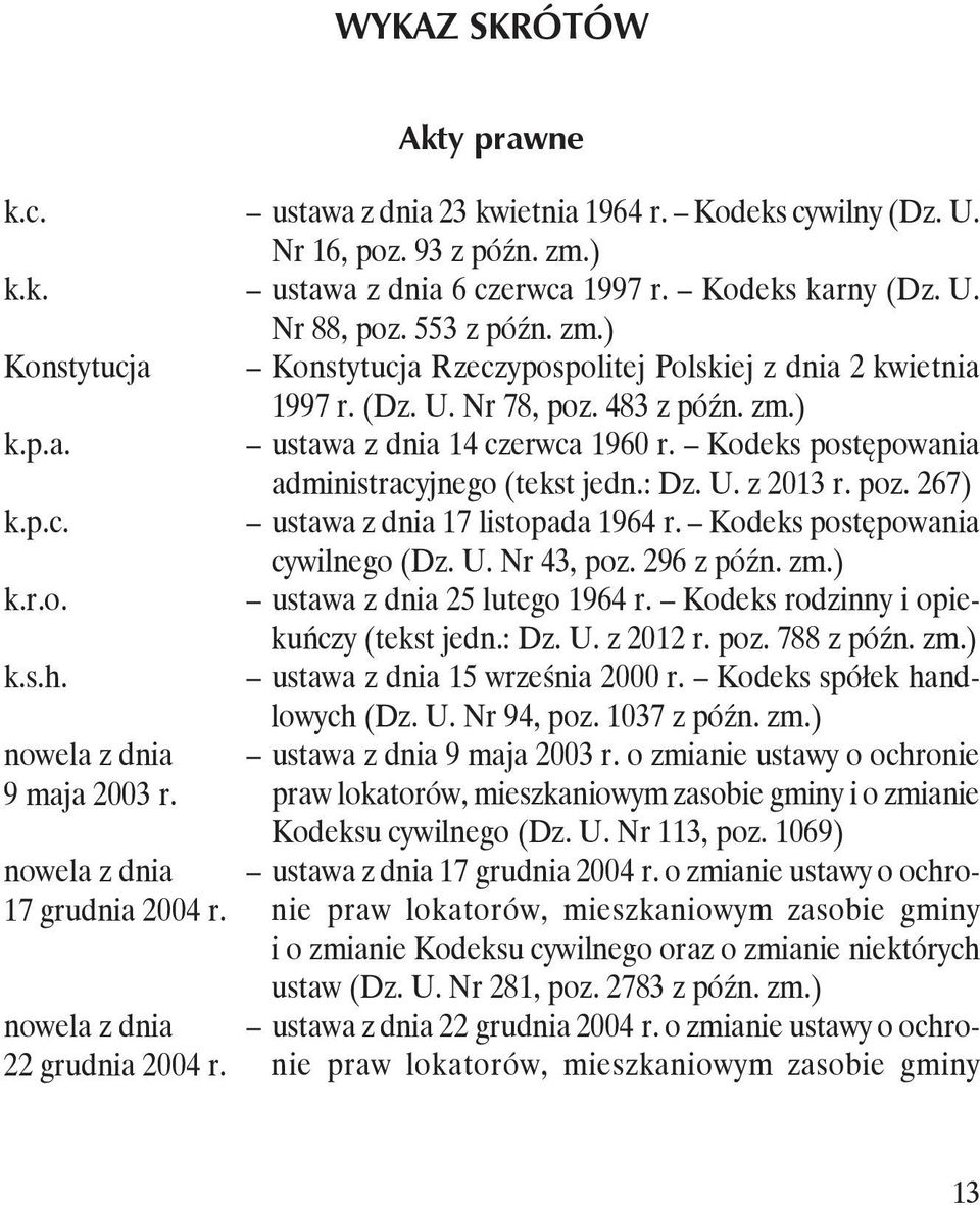 Kodeks postępowania administracyjnego (tekst jedn.: Dz. U. z 2013 r. poz. 267) k.p.c. ustawa z dnia 17 listopada 1964 r. Kodeks postępowania cywilnego (Dz. U. Nr 43, poz. 296 k.r.o. ustawa z dnia 25 lutego 1964 r.