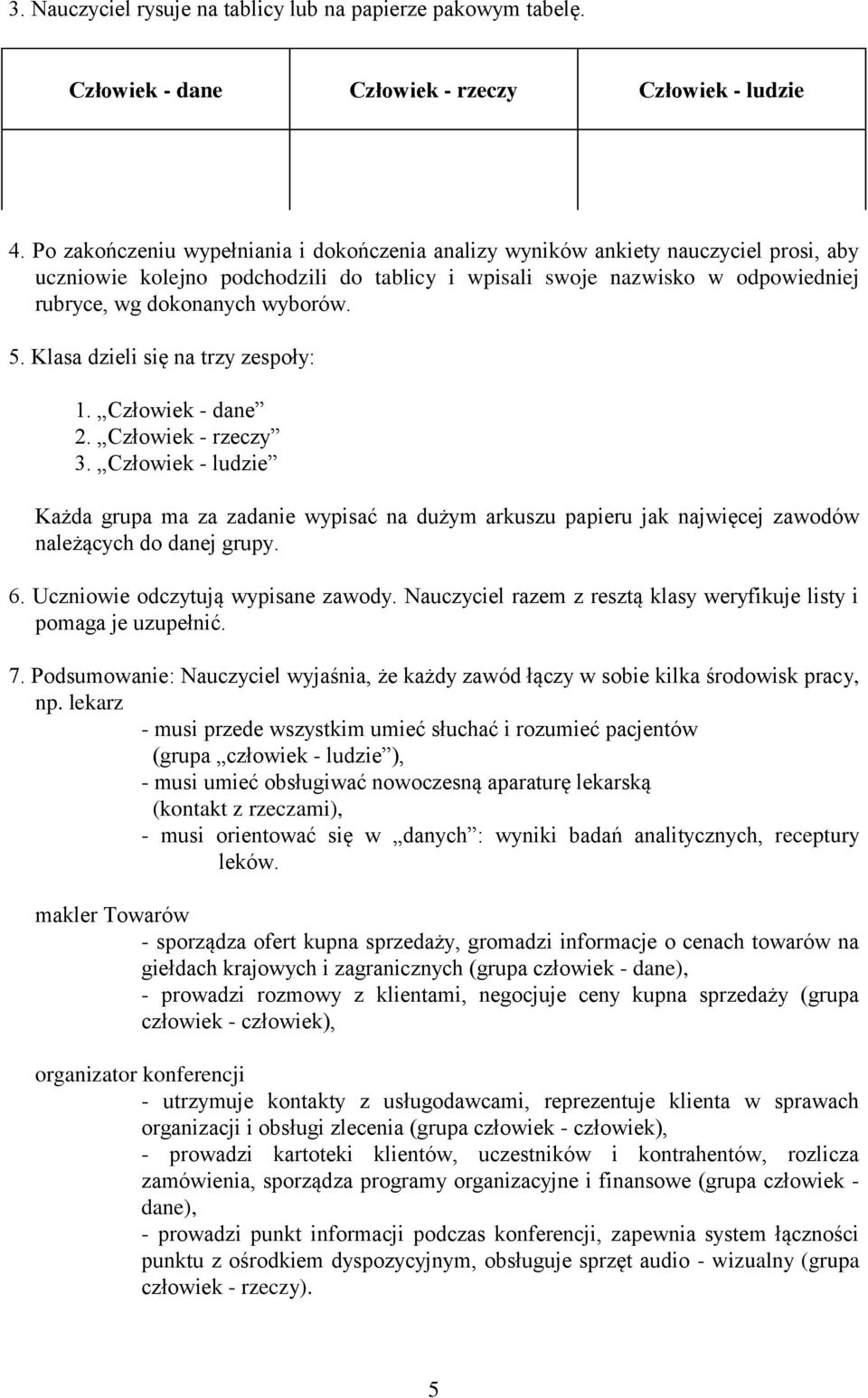 5. Klasa dzieli się na trzy zespoły: 1. Człowiek - dane 2. Człowiek - rzeczy 3.