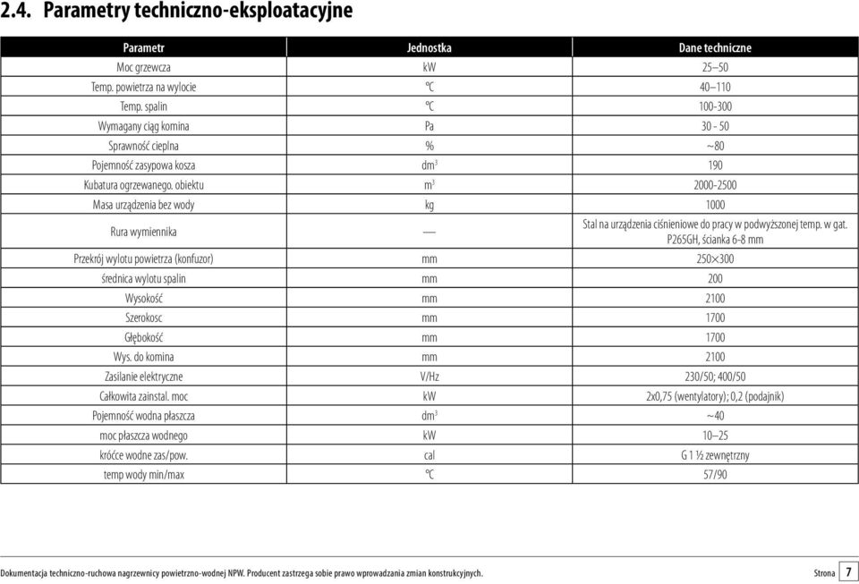 obiektu m 3 2000-2500 Masa urządzenia bez wody kg 1000 Rura wymiennika Stal na urządzenia ciśnieniowe do pracy w podwyższonej temp. w gat.