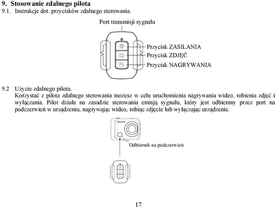 Korzystać z pilota zdalnego sterowania możesz w celu uruchomienia nagrywania wideo, robienia zdjęć i wyłączania.