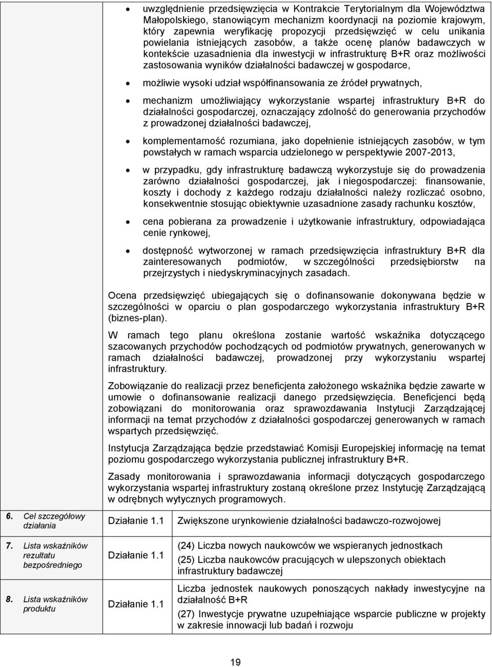 badawczej w gospodarce, możliwie wysoki udział współfinansowania ze źródeł prywatnych, mechanizm umożliwiający wykorzystanie wspartej infrastruktury B+R do działalności gospodarczej, oznaczający