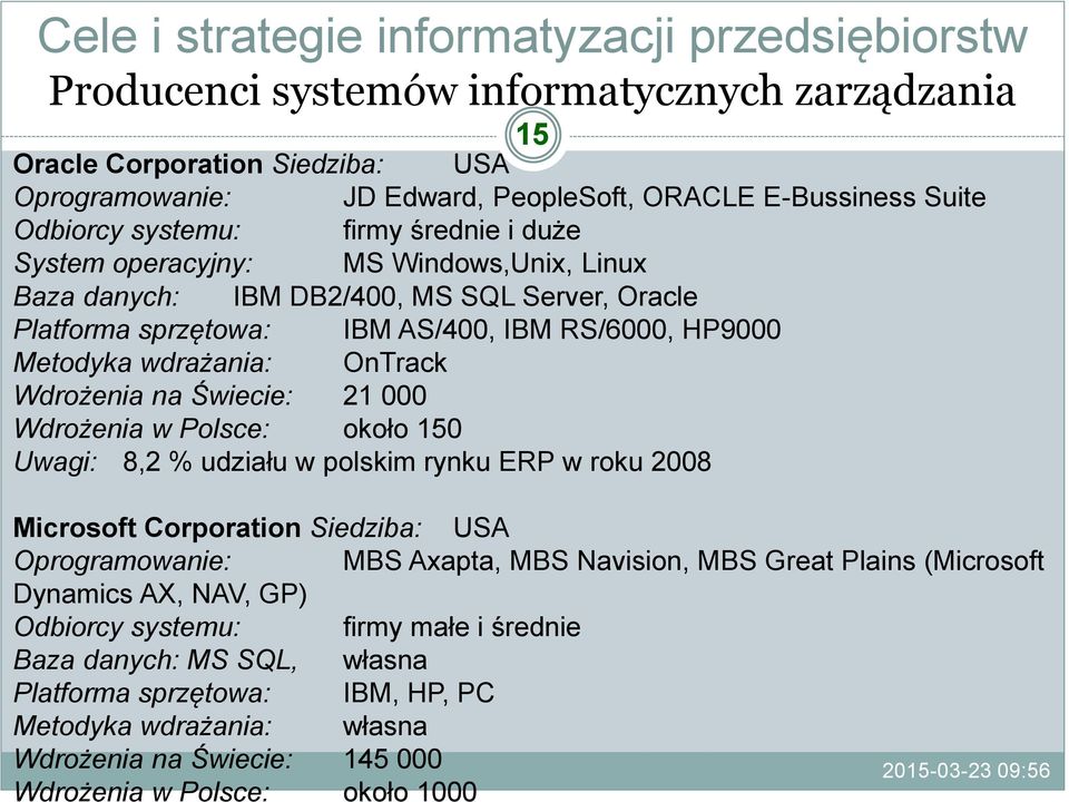 Wdrożenia w Polsce: około 150 Uwagi: 8,2 % udziału w polskim rynku ERP w roku 2008 15 Microsoft Corporation Siedziba: USA Oprogramowanie: MBS Axapta, MBS Navision, MBS Great Plains (Microsoft