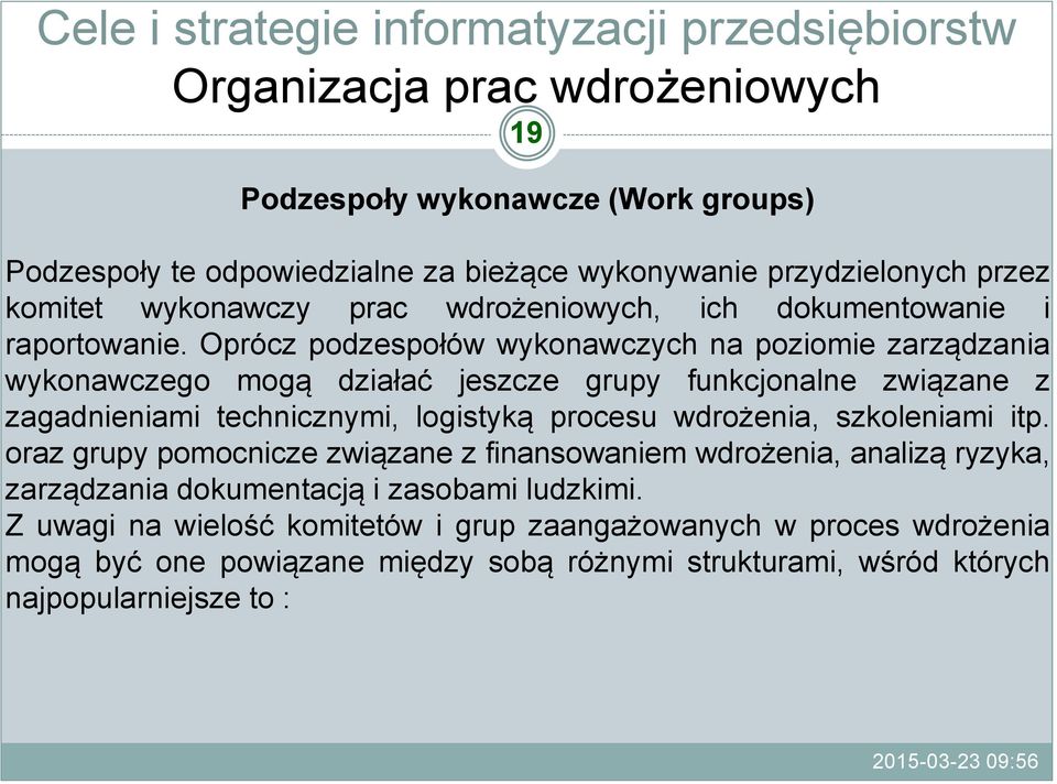 Oprócz podzespołów wykonawczych na poziomie zarządzania wykonawczego mogą działać jeszcze grupy funkcjonalne związane z zagadnieniami technicznymi, logistyką procesu