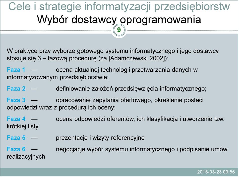 informatycznego; Faza 3 opracowanie zapytania ofertowego, określenie postaci odpowiedzi wraz z procedurą ich oceny; Faza 4 krótkiej listy ocena odpowiedzi