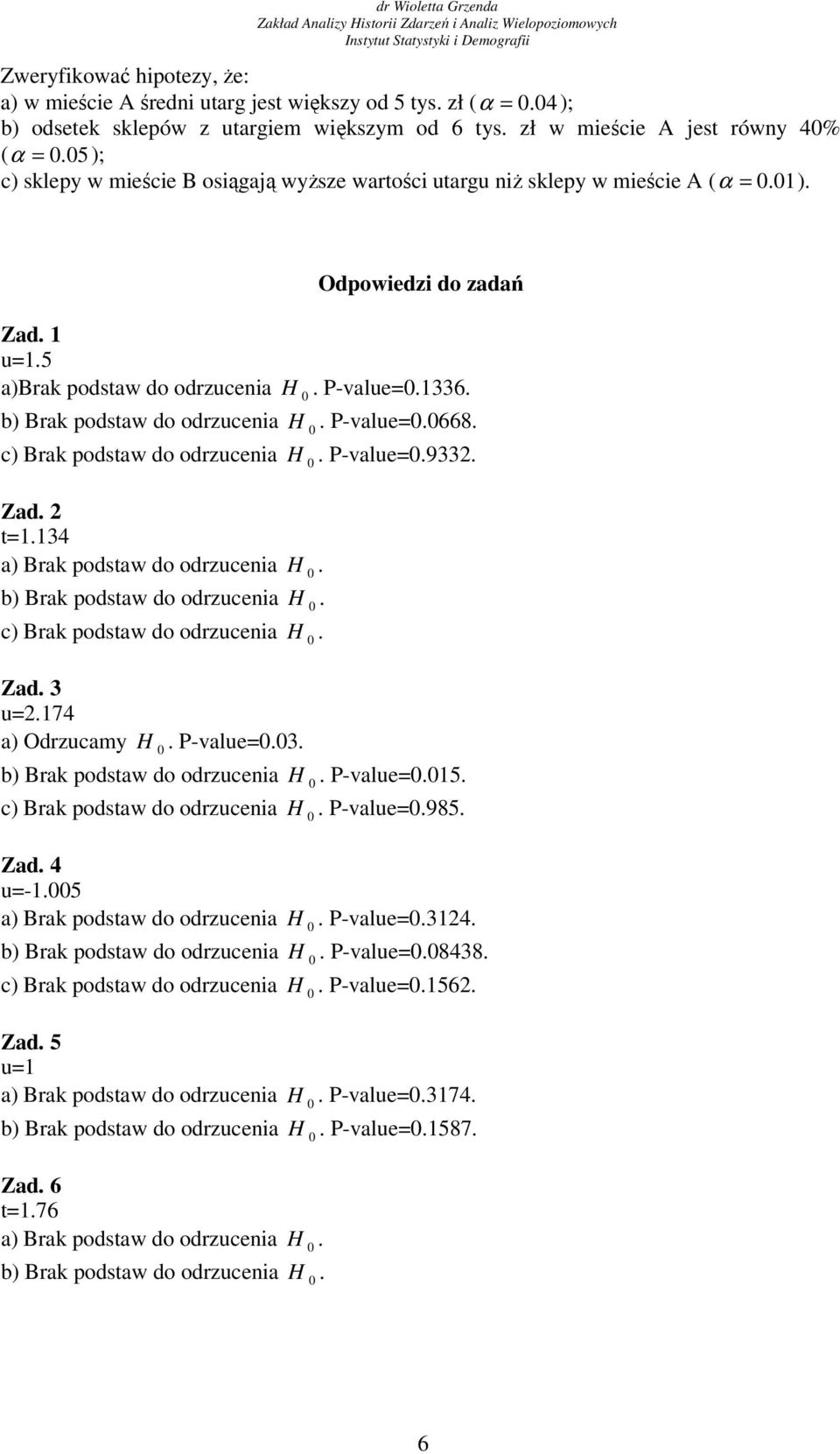 Odpowiedzi do zadań Zad 1 u=15 a)brak podstaw do odrzucenia H P-value=1336 P-value=668 P-value=9332 Zad 2 t=1134 Zad 3 u=2174 a)