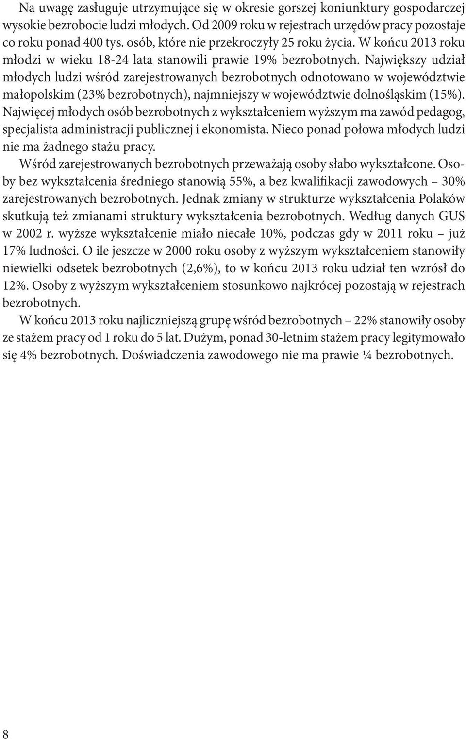 Największy udział młodych ludzi wśród zarejestrowanych bezrobotnych odnotowano w województwie małopolskim (23% bezrobotnych), najmniejszy w województwie dolnośląskim (15%).