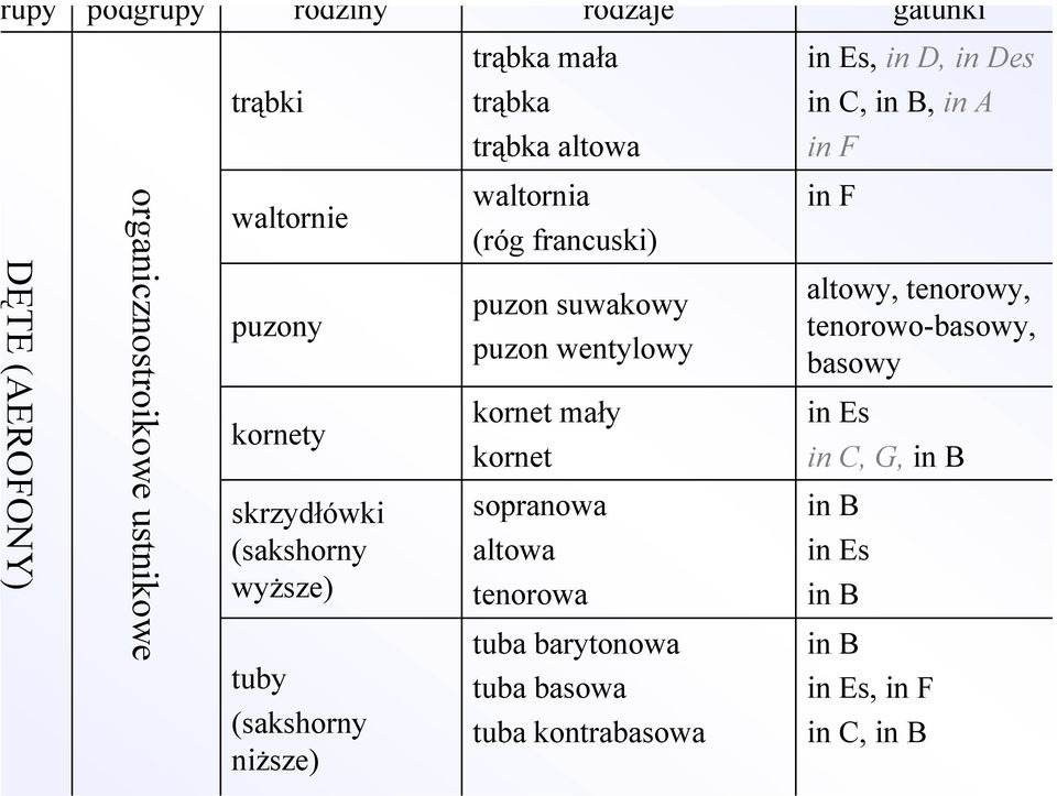 waltornia (róg francuski) puzon suwakowy puzon wentylowy kornet mały kornet sopranowa altowa tenorowa tuba barytonowa tuba