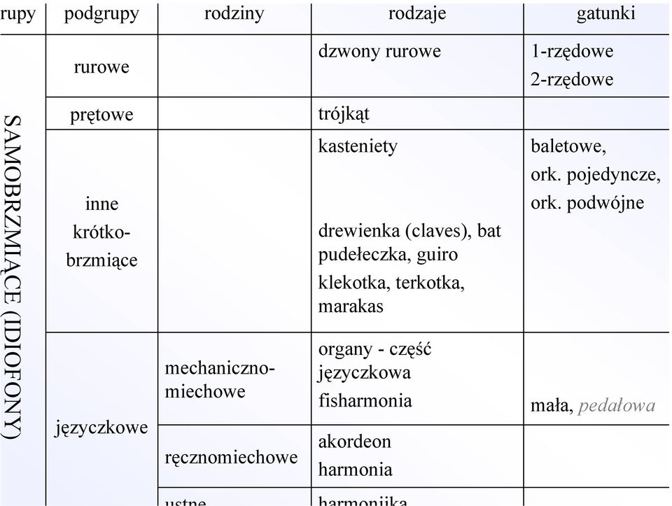 kasteniety drewienka (claves), bat pudełeczka, guiro klekotka, terkotka, marakas organy -