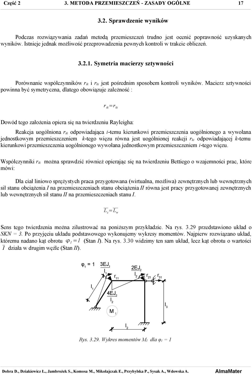 Macierz sztywności powinna być symetryczna, dlatego obowiązuje zależność : r ik =r ki Dowód tego założenia opiera się na twierdzeniu Rayleigha: Reakcja uogólniona rik odpowiadająca i-temu kierunkowi