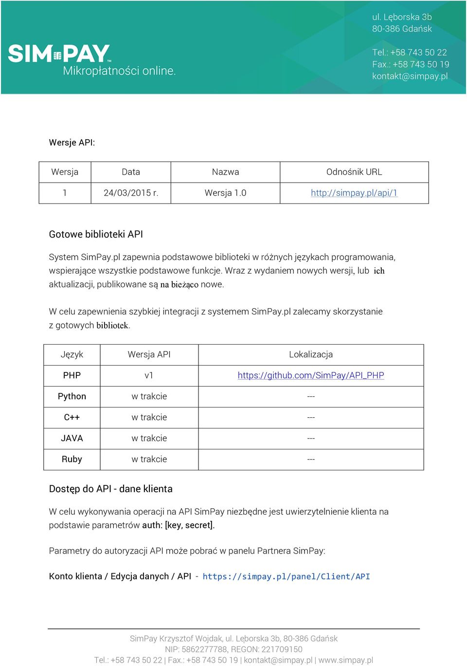 W celu zapewnienia szybkiej integracji z systemem SimPay.pl zalecamy skorzystanie z gotowych bibliotek. Język Wersja API Lokalizacja PHP v1 https://github.