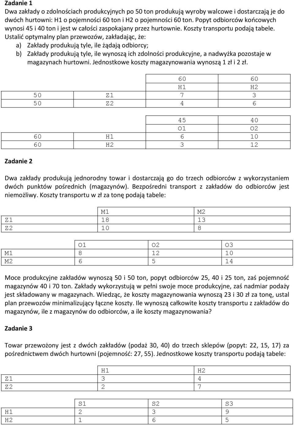 Ustalić optymalny plan przewozów, zakładając, że: a) Zakłady produkują tyle, ile żądają odbiorcy; b) Zakłady produkują tyle, ile wynoszą ich zdolności produkcyjne, a nadwyżka pozostaje w magazynach