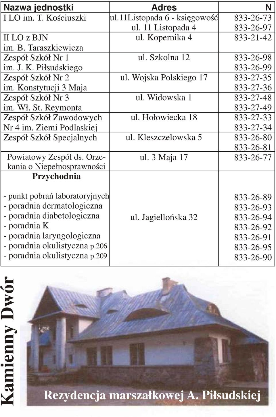 11 Listopada 4 ul. Kopernika 4 ul. Szkolna 12 ul. Wojska Polskiego 17 ul. Widowska 1 ul. Hołowiecka 18 ul. Kleszczelowska 5 ul.