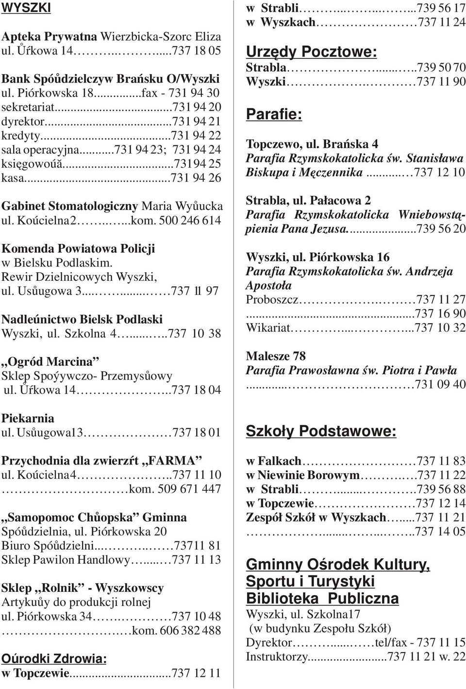 500 246 614 Komenda Powiatowa Policji w Bielsku Podlaskim. Rewir Dzielnicowych Wyszki, ul. Usůugowa 3...... 737 11 97 Nadleúnictwo Bielsk Podlaski Wyszki, ul. Szkolna 4.