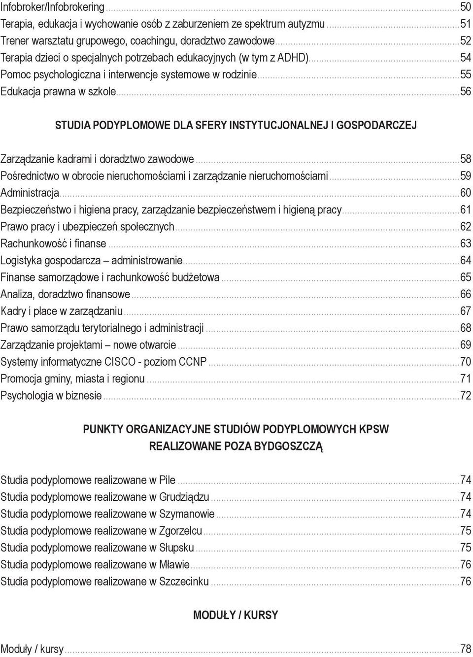 ..56 STUDIA PODYPLOMOWE DLA SFERY INSTYTUCJONALNEJ I GOSPODARCZEJ Zarządzanie kadrami i doradztwo zawodowe...58 Pośrednictwo w obrocie nieruchomościami i zarządzanie nieruchomościami...59 Administracja.