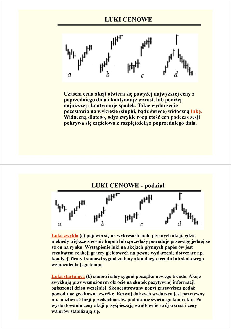 LUKI CENOWE - podział Luka zwykła (a) pojawia się na wykresach mało płynnych akcji, gdzie niekiedy większe zlecenie kupna lub sprzedaży powoduje przewagę jednej ze stron na rynku.