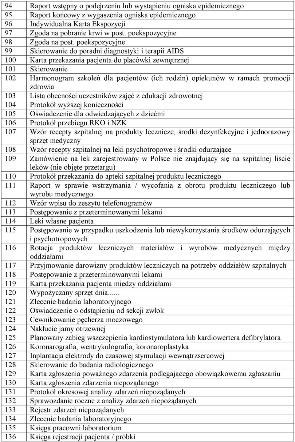 poekspozycyjne 99 Skierowanie do poradni diagnostyki i terapii AIDS 100 Karta przekazania pacjenta do placówki zewnętrznej 101 Skierowanie 102 Harmonogram szkoleń dla pacjentów (ich rodzin) opiekunów