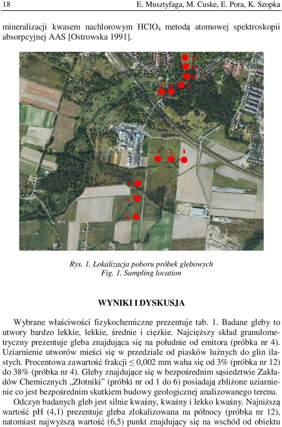 Najcięższy skład granulometryczny prezentuje gleba znajdująca się na południe od emitora (próbka nr 4). Uziarnienie utworów mieści się w przedziale od piasków luźnych do glin ilastych.