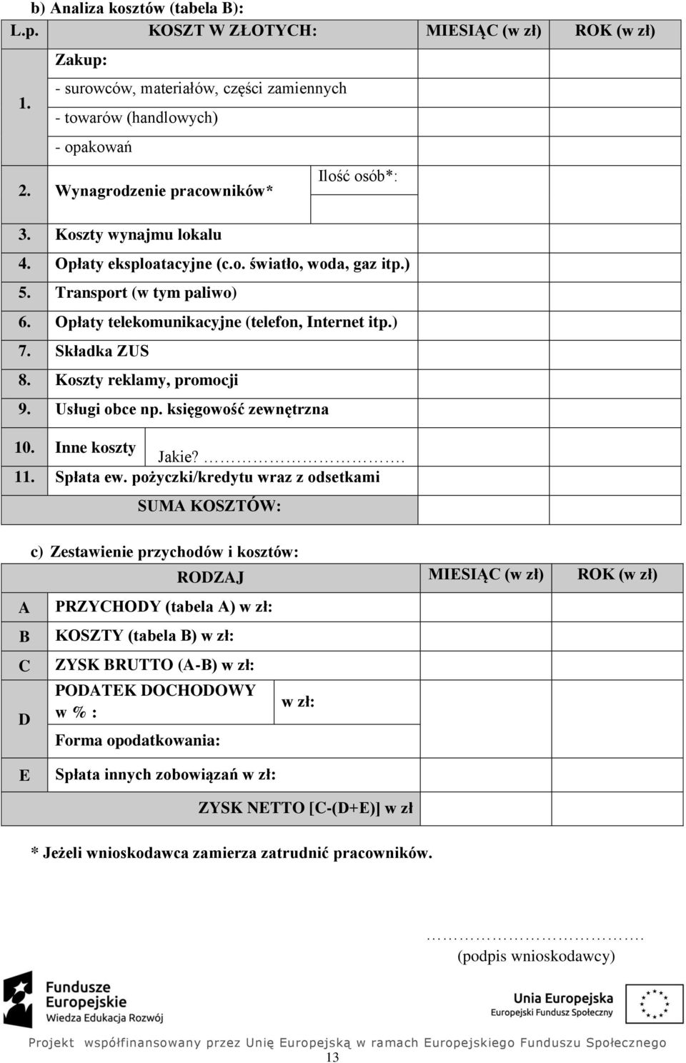 Koszty reklamy, promocji 9. Usługi obce np. księgowość zewnętrzna 10. Inne koszty Jakie?. 11. Spłata ew.