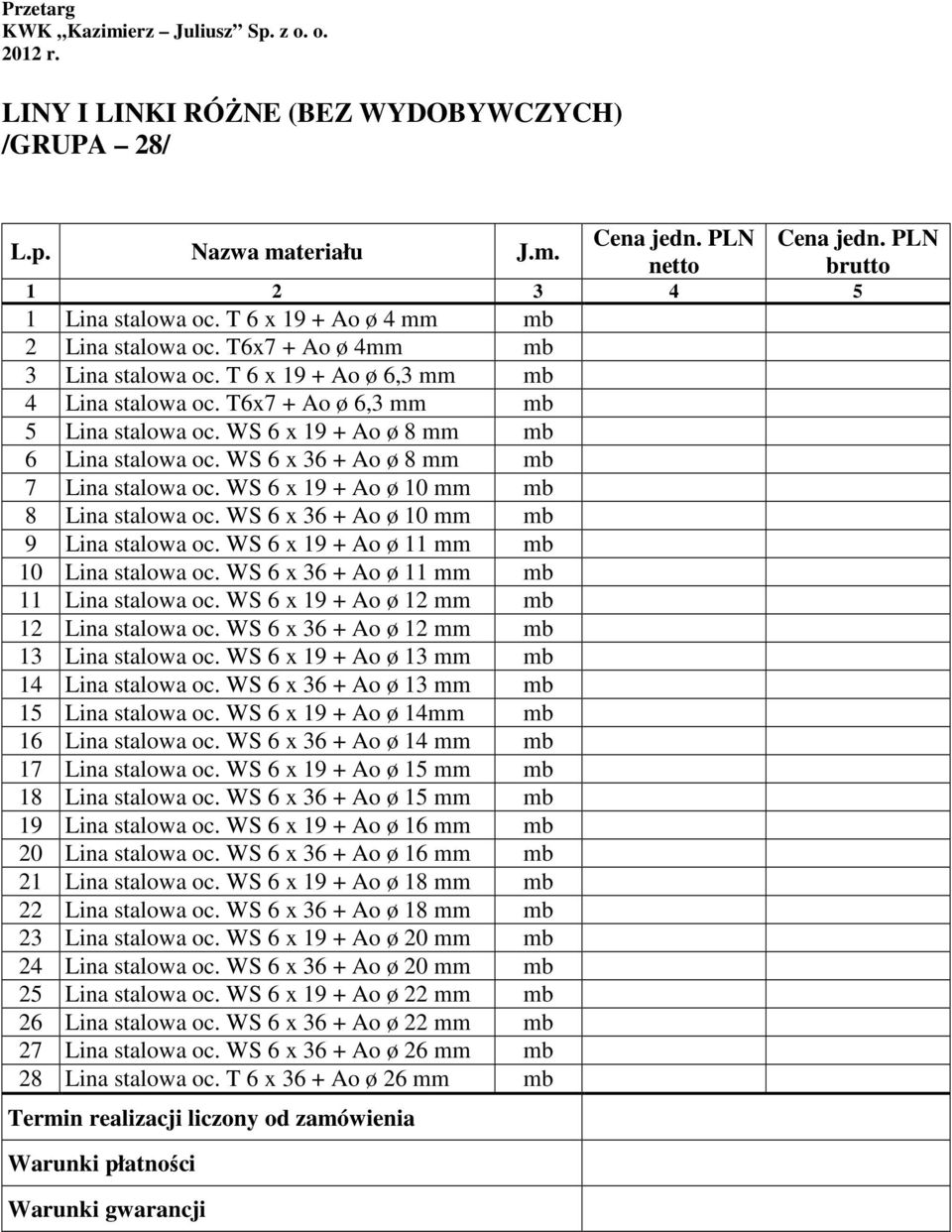 WS 6 x 36 + Ao ø 8 mm mb 7 Lina stalowa oc. WS 6 x 19 + Ao ø 10 mm mb 8 Lina stalowa oc. WS 6 x 36 + Ao ø 10 mm mb 9 Lina stalowa oc. WS 6 x 19 + Ao ø 11 mm mb 10 Lina stalowa oc.