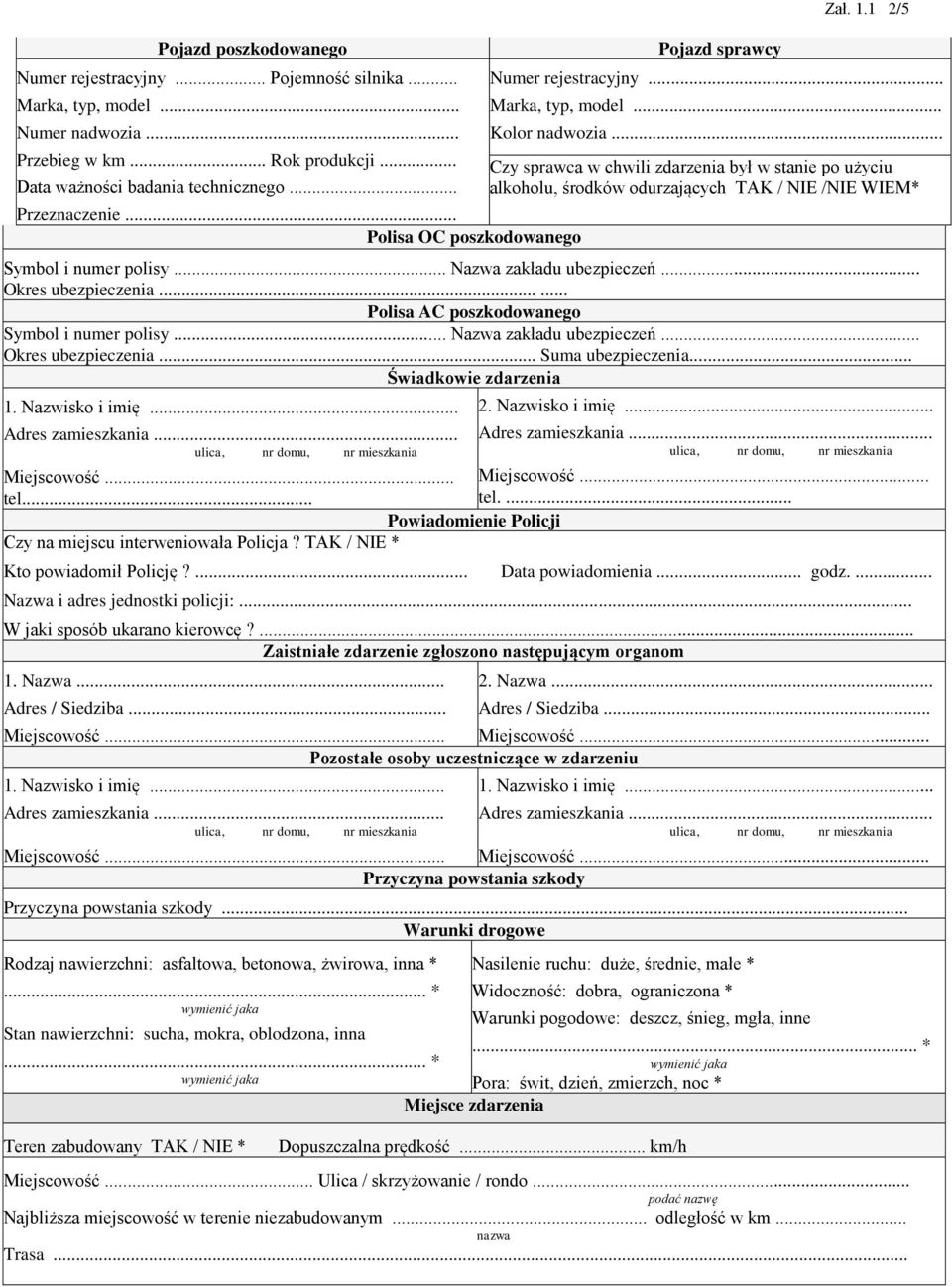 .. Czy sprawca w chwili zdarzenia był w stanie po użyciu alkoholu, środków odurzających TAK / NIE /NIE WIEM* Symbol i numer polisy... Nazwa zakładu ubezpieczeń... Okres ubezpieczenia.