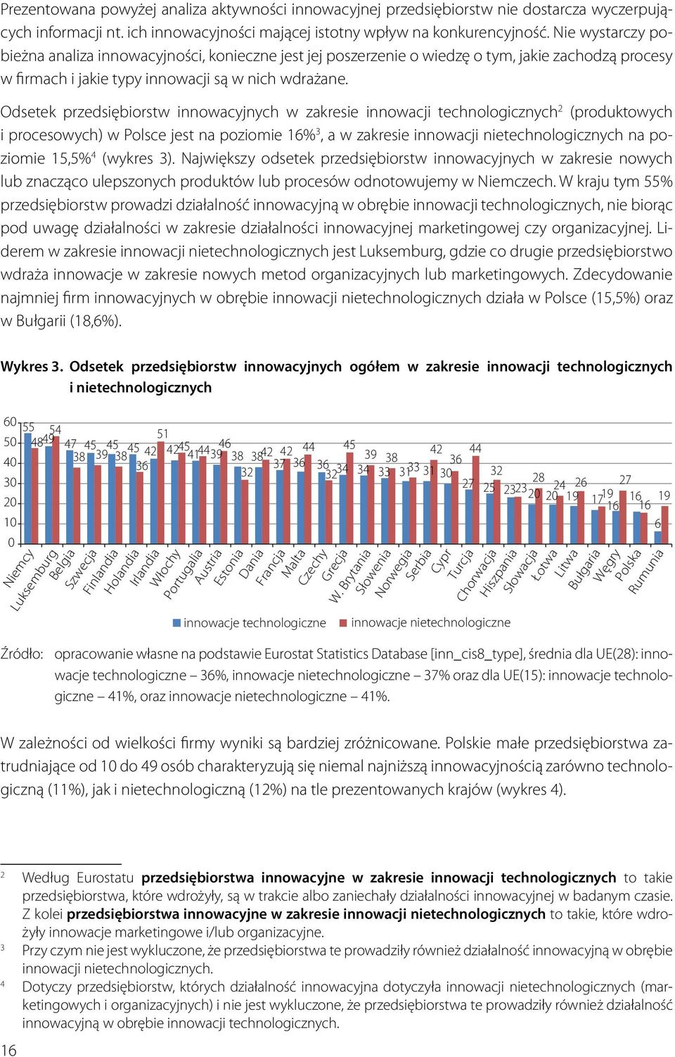 Odsetek przedsiębiorstw innowacyjnych w zakresie innowacji technologicznych 2 (produktowych i procesowych) w Polsce jest na poziomie 16% 3, a w zakresie innowacji nietechnologicznych na poziomie