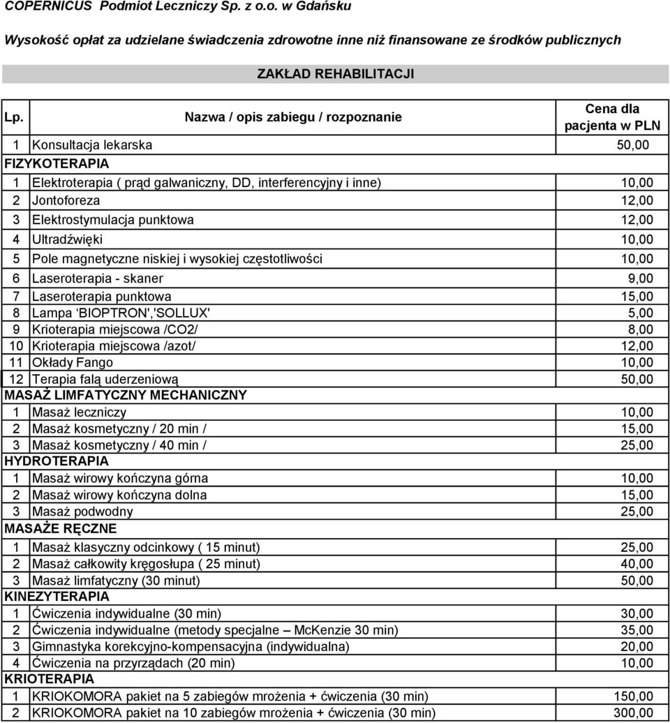 /CO2/ 8,00 0 Krioterapia miejscowa /azot/ 2,00 Okłady Fango 0,00 2 Terapia falą uderzeniową 50,00 MASAŻ LIMFATYCZNY MECHANICZNY Masaż leczniczy 0,00 2 Masaż kosmetyczny / 20 min / 5,00 Masaż