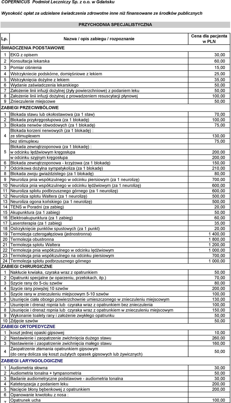 Znieczulenie miejscowe 50,00 ZABIEGI PRZECIWBÓLOWE Blokada stawu lub okołostawowa (za staw) 70,00 2 Blokada przykręgosłupowa (za blokadę) 00,00 Blokada nerwów obwodowych (za blokadę) 75,00 Blokada